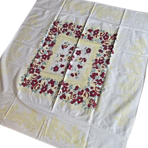 Vintage Cotton Farmhouse Tablecloth Floral Print Yellow Red & Green Floral Flaws - Picture 1 of 9
